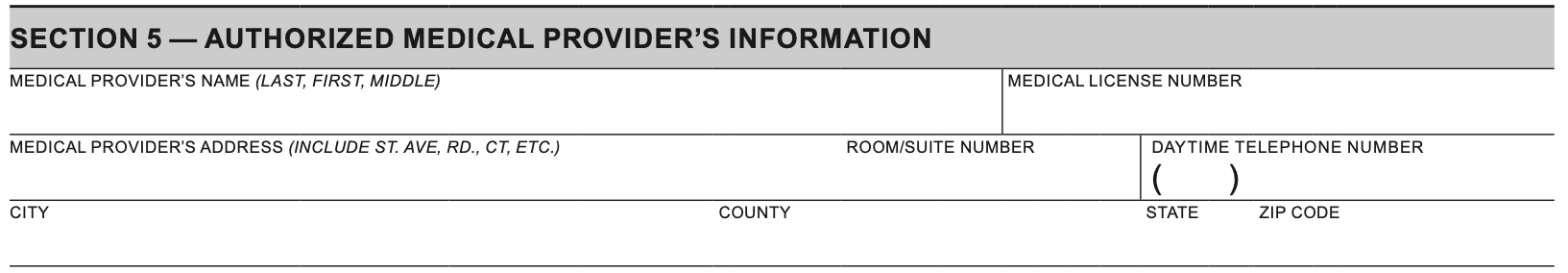 Page 2 of California Form REG 195, Section 5, Authorized Medical Provider’s Information: boxes for the medical provider’s name, last, first and middle; the medical license number; the medical provider’s address, with a room or suite number and a daytime telephone number; and the city, county, state and ZIP code.
