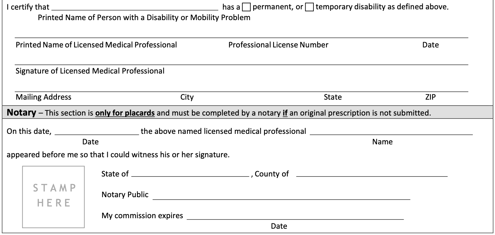 Page 2 of Texas Form VTR-214, the lower part of the Disability Statement: the sentence I certify that, with a line for the printed name of the person with a disability or mobility problem, has a permanent, or temporary disability as defined above, with a check box before permanent and before temporary; lines for the printed name of the licensed medical professional, the professional license number and the date; a line for the signature of the licensed medical professional; lines for the mailing address, city, state and ZIP; then the Notary section, headed this section is only for placards and must be completed by a notary if an original prescription is not submitted, with lines for the date and the name of the licensed medical professional who appeared before the notary so that the notary could witness his or her signature, lines for the state, the county, the notary public and the date the commission expires, and a box marked stamp here.